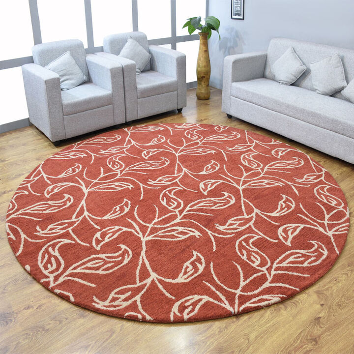 RUGSOTIC CARPETS HAND TUFTED WOOL ECO-FRIENDLY AREA RUGS  - 8'x8', Round Shape, Red & Beige, Floral Modern Design, High Pile Thick Handmade Anti Skid Area Rugs for Living Room, Bed Room (K00726)