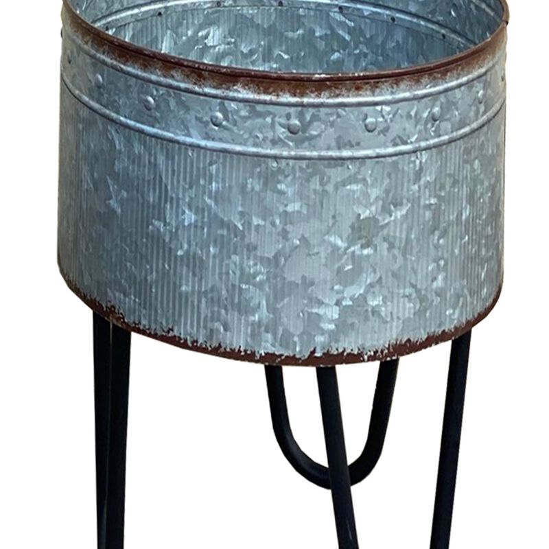 Galvanized Sheet Planter Tubs, Iron Powder Coated Hairpin Legs, Set of 3, Gray, Black-Benzara