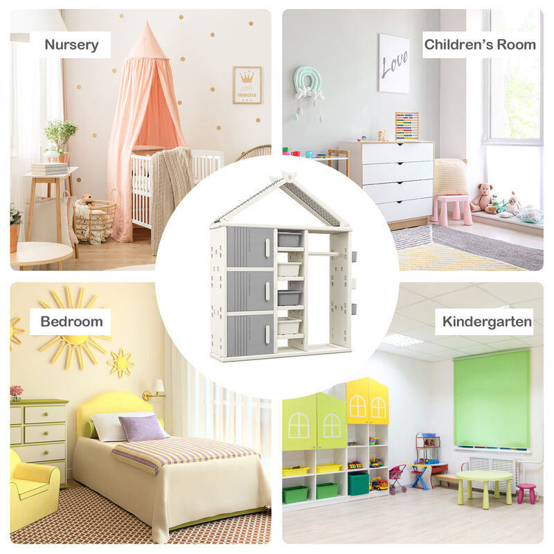 Kids Costume Storage Closet with Storage Bins and Shelves and Side Baskets for Kids Room