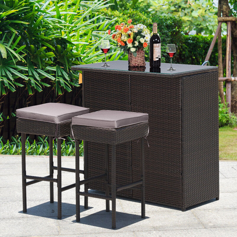3PCS Patio Rattan Wicker Bar Table Stools Dining Set