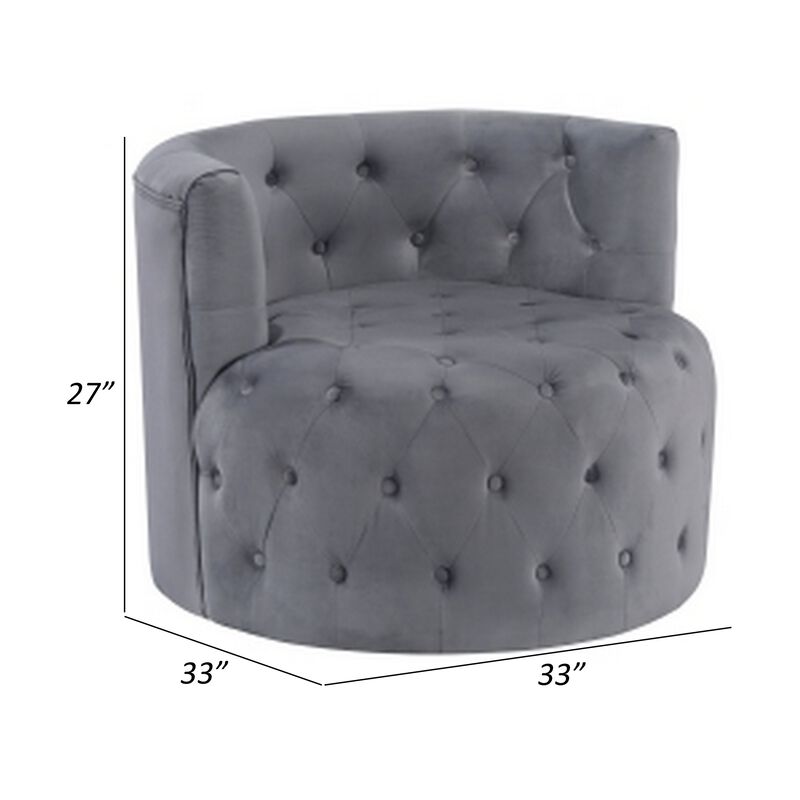Alix 33 Inch Swivel Accent Chair, Round Design, Button Tufted Gray Velvet - Benzara