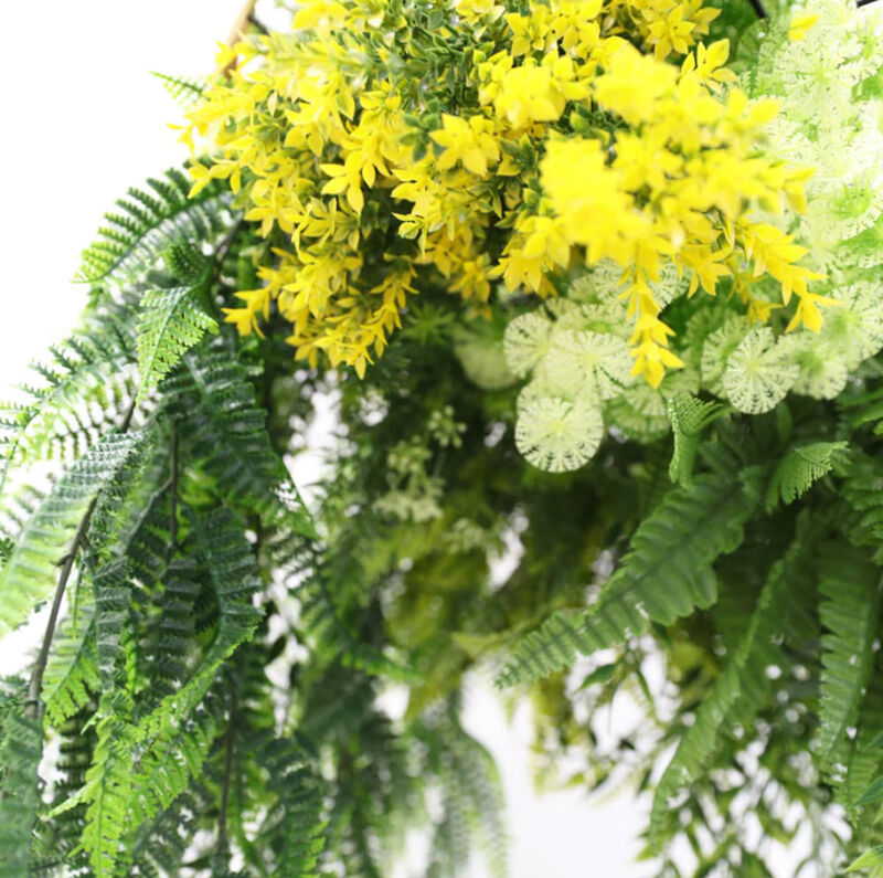 Gold Framed Roof Hanging Disc With Draping Life-Like Ferns and Plants 31.5" UV Resistant