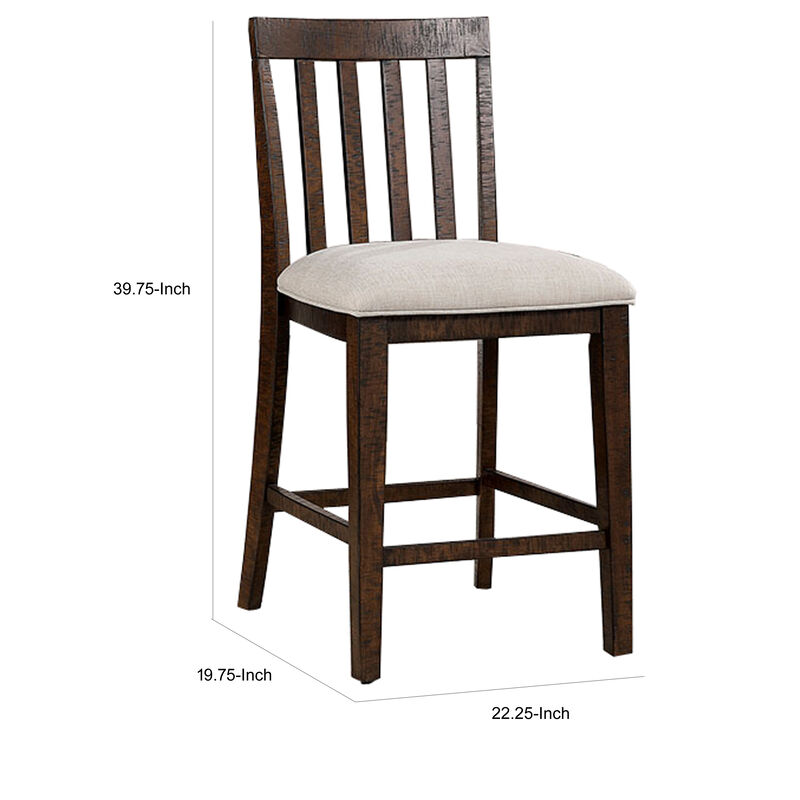 Shaw 25 Inch, Counter Height Chair, Slatted Back, Beige Seat, Brown Wood-Benzara