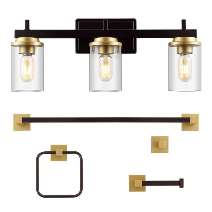 Liam 23.25" 3-Light Farmhouse Industrial Vanity Light with Bathroom Hardware Accessory 5-Piece Set