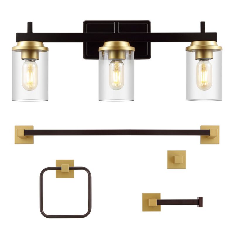 Liam 23.25" 3-Light Farmhouse Industrial Vanity Light with Bathroom Hardware Accessory 5-Piece Set