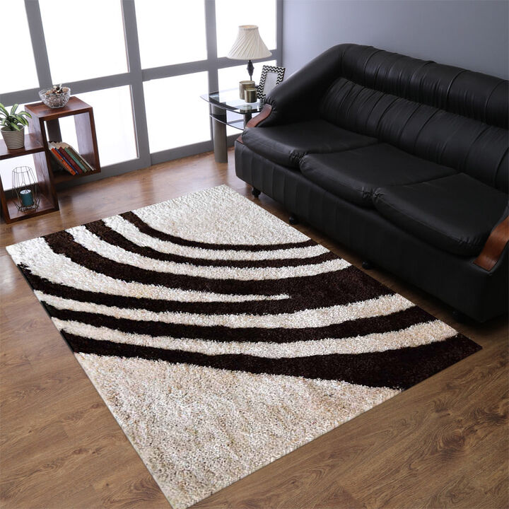 RUGSOTIC CARPETS HAND TUFTED SHAG POLYESTER ECO-FRIENDLY AREA RUGS  - 5'x8', Rectangle, Ivory Brown, Contemporary Modern Design, High Pile Thick Handmade Anti Skid Rugs for Living Room K00023