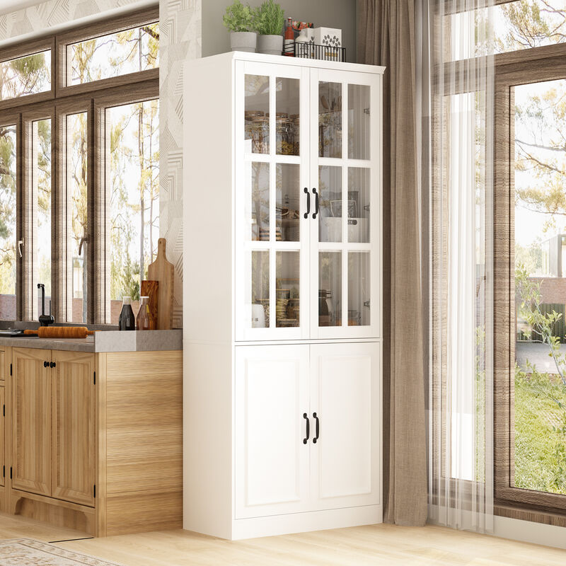 White Wooden MDF ( 31.5 in. W) Sideboard, Accent Storage Cabinet, Food Pantry with 4 Tempered Glass Doors and 5 Shelves