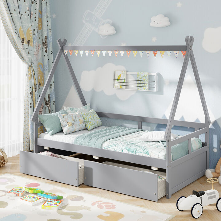 House Bed with Roof and Safety Guardrail