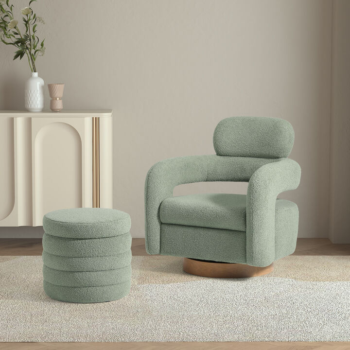 WestinTrends Mid-Century Modern Sherpa Swivel Barrel Accent Chair With Storage Ottoman