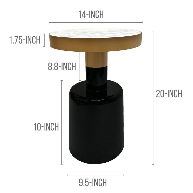 20 Inch Round Side End Table, Gold Banded Natural White Marble Top, Black Enamel Coated Iron Pedestal Base - Benzara