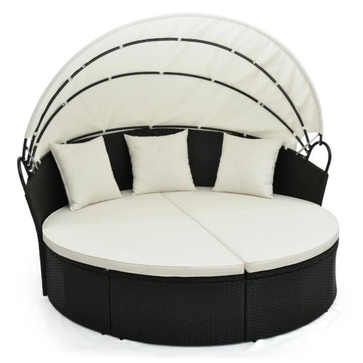 Hivvago Clamshell Patio Round Daybed Wicker with Retractable Canopy and Pillows Hivvago Clamshell Patio Round Daybed Wicker with Retractable Canopy and Pillows
