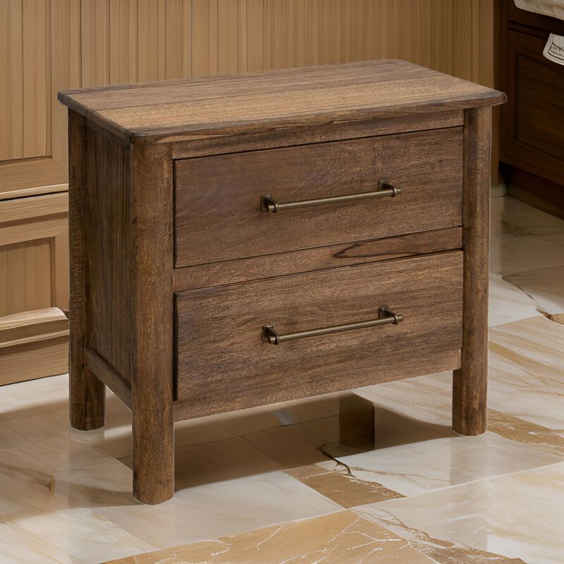 Benjara Olum 28 Inch Nightstand, 2 Drawers, Metal Handles, Solid Mango Wood, Brown and Gold