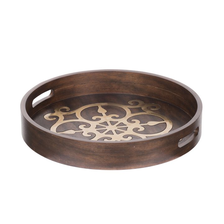 18 Inch Round Decorative Tray, Brass Inlaid Design and Brown Wood Frame-Benzara