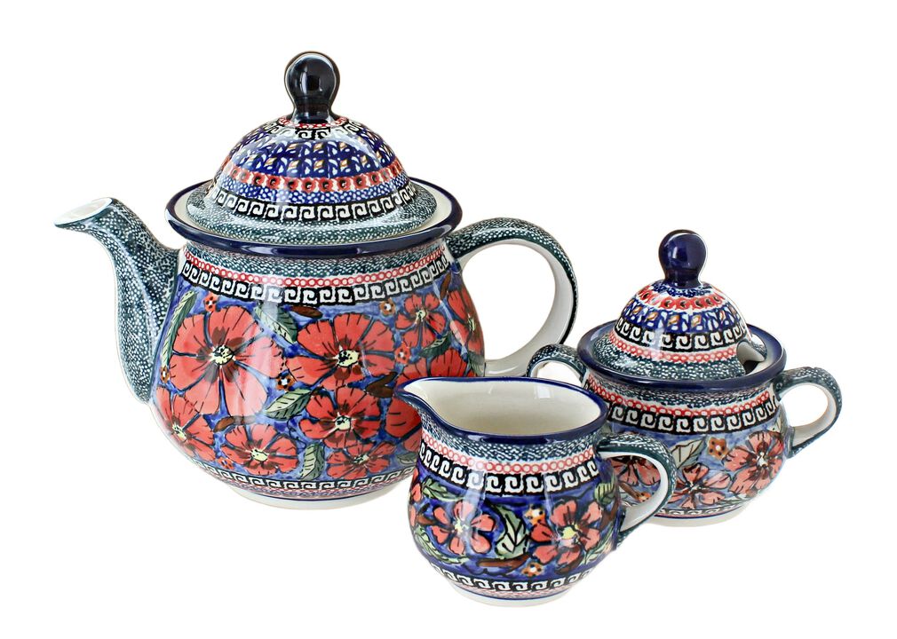 Blue Rose Polish Pottery Nature Three Piece Tea Set