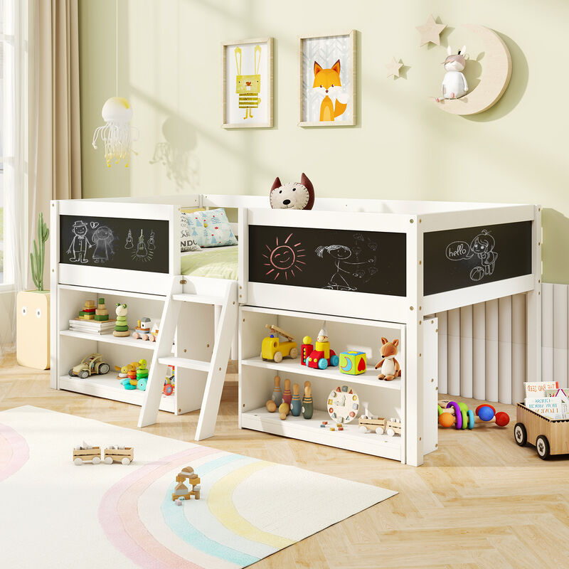 Kid Low Loft Bed with Chalkboard Ramp Ladder and Bookcases