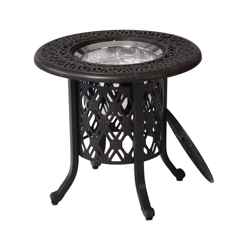 21" Cast Aluminum Ice Bucket Table with Hand-Brushed Bronze Patina Look Top and Removable Cover, Food-Grade 304 Stainless Steel Bucket