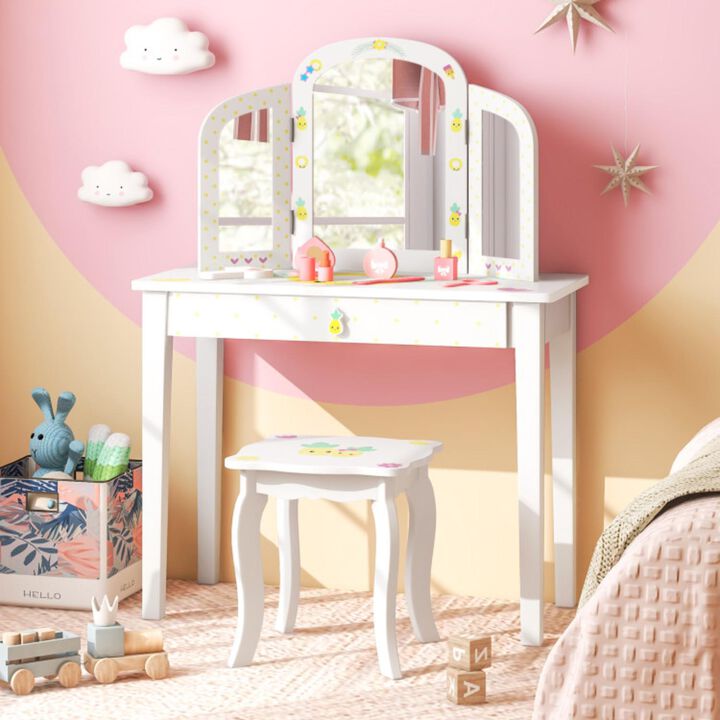 Hivvago Kids Vanity Table Set with Tri-Folding Mirror and Large Drawer-White