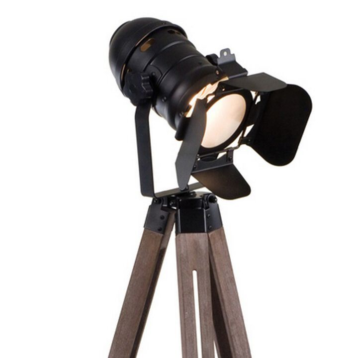 55 Inch Floor Lamp with Tripod Style Wood Frame, Spotlight, Brown and Black - Benzara