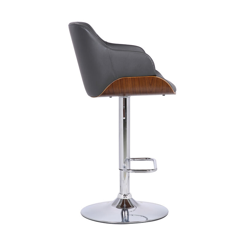 Toby Black Faux Leather Adjustable Height Swivel Walnut Wood and Chrome Stool