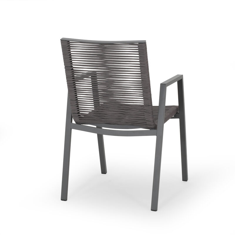 Teny Outdoor Dining Chair Set of 2, Dark Gray Metal. Woven Rope Seat Back - Benzara