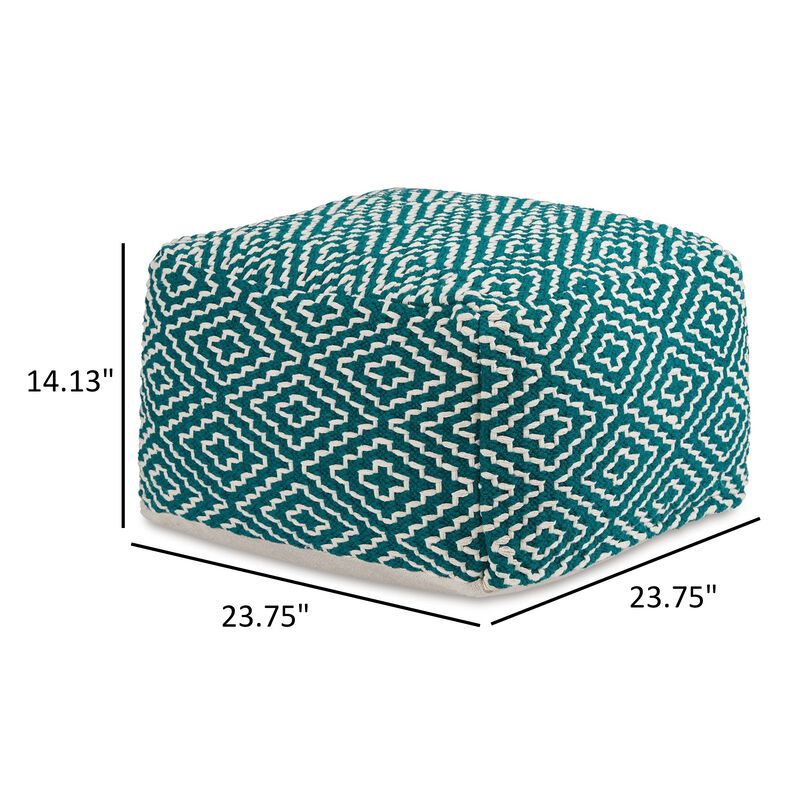 Sena 24 Inch Ottoman Pouf, Woven Pattern, Zipper Cotton Cover, Red White -