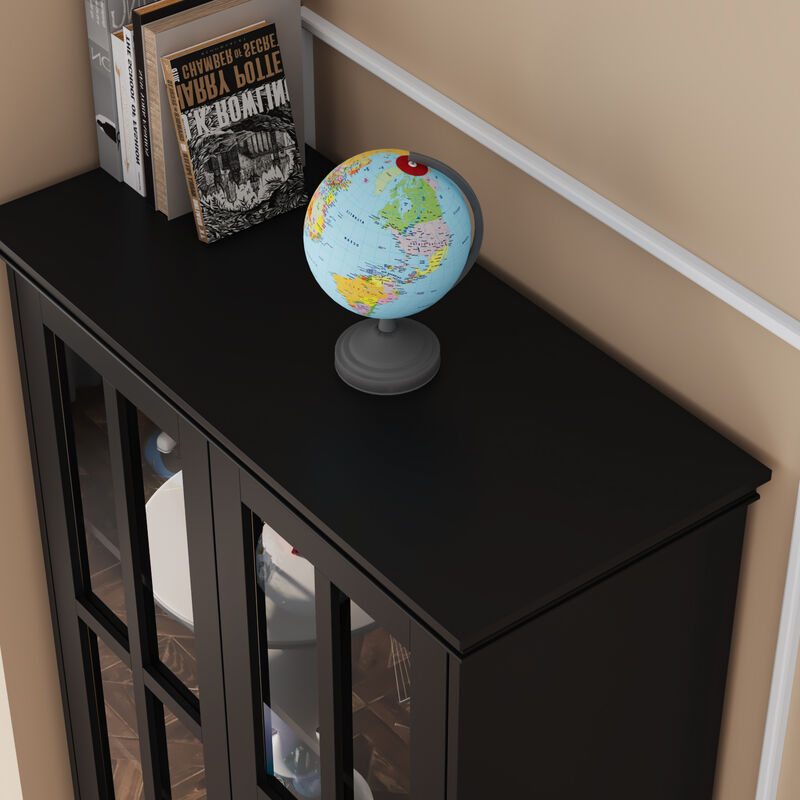 31.5 in. W, Black Wooden 2-Door Standard Bookcase, Storage Cabinet with 5 Shelves Storage and Tempered Glass Doors