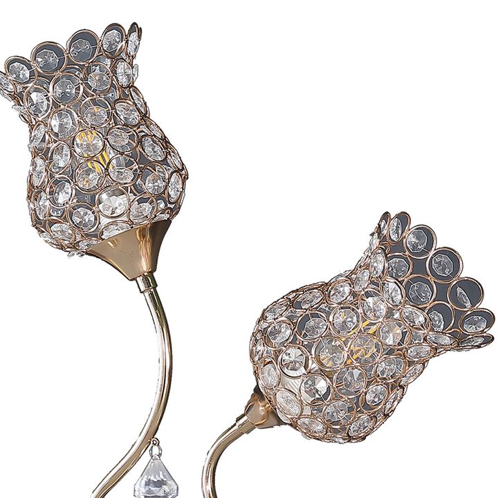 Metal Table Lamp with Floral Trumpet Shade and Crystal Accents, Gold-Benzara