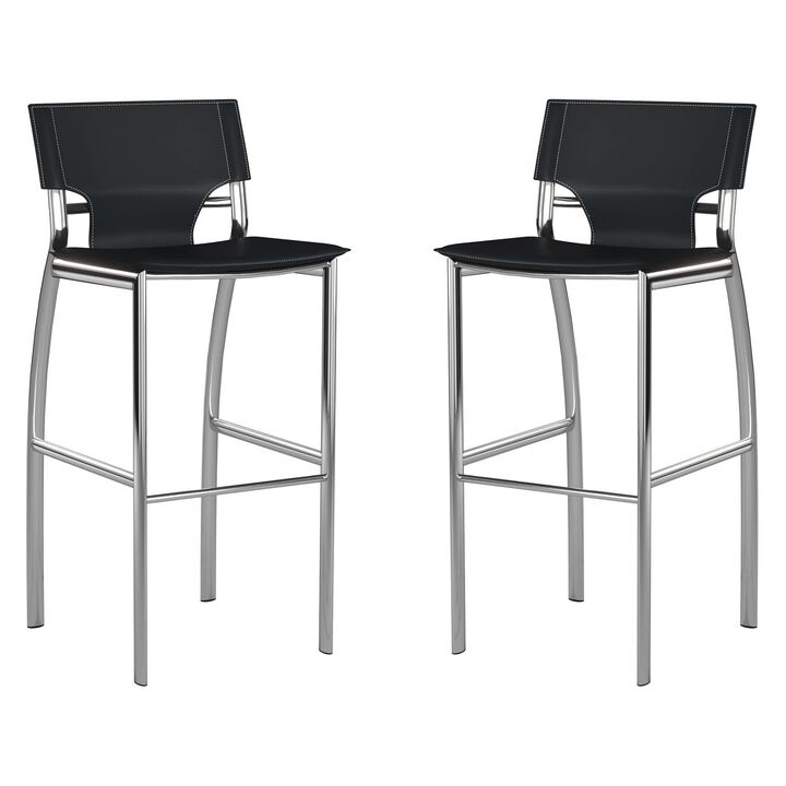Illa 26 Inch Counter Height Chair, Set of 2, Chrome Base, Vegan Leather, Black - Benzara