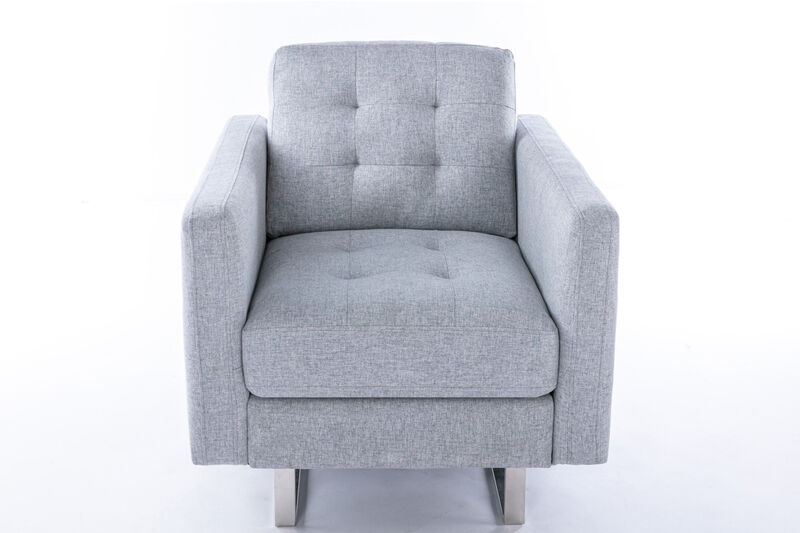 Victoria Light Gray Linen Fabric Armchair with Metal Legs, Side Pockets, and Pillow