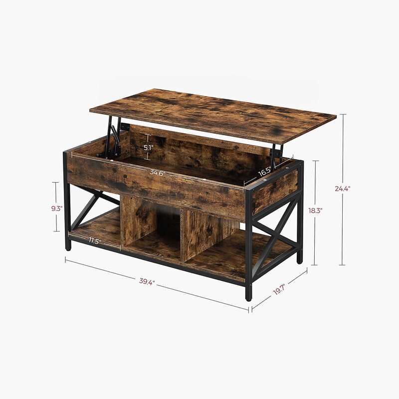 Modern Lift Top Coffee Table - Hidden & Open Compartments with X-Shaped Steel Frame