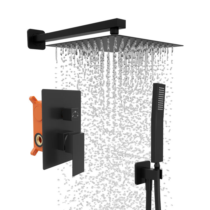 Single-Handle, 2-Spray with 2.5 GPM 10 in. Wall Mount Dual Top Shower, Bath Shower Heads Set in Black with Valve