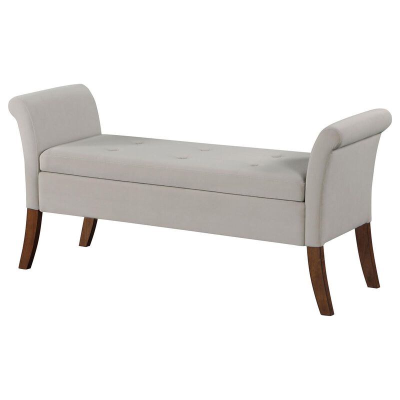 Ako 52 Inch Storage Bench, Button Tufting, Flared Arms, Beige Upholstery - Benzara