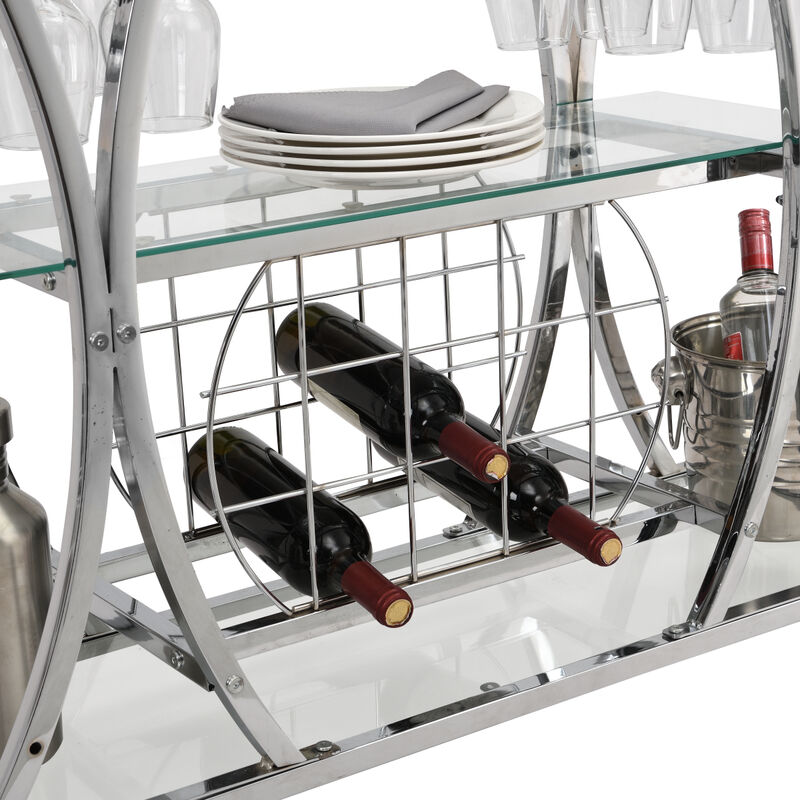Contemporary Chrome Bar Cart With Wine Rack Silver Modern Glass Metal Frame Wine Storage