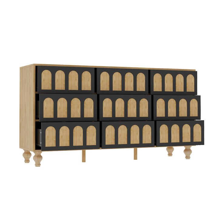 FUFU&GAGA Modern 9-Drawer Storage Cabinet with Arched Panel Design & Solid Wood Legs (59" W x 15.7" D x 31.5" H), Natural Wood