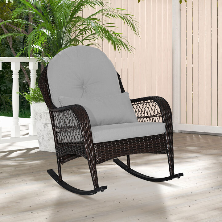 Patio Rattan Rocking Chair with Seat Back Cushions and Waist Pillow