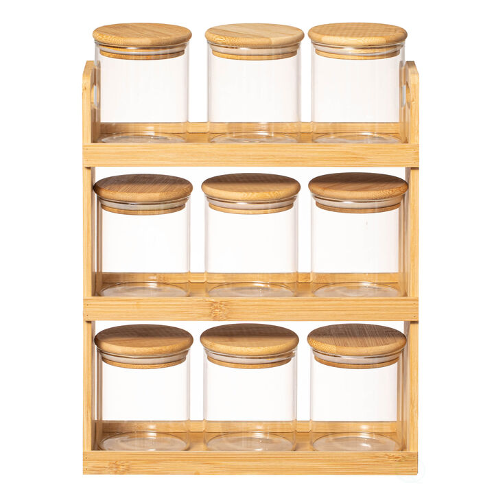 Basicwise Versatile 3-Tier Bamboo Spice Rack and Pantry Organizer with 9 Glass Jars – Perfect for Countertop Storage in Kitchens to Keep  Seasoning Containers Neatly Displayed and Easily Accessible
