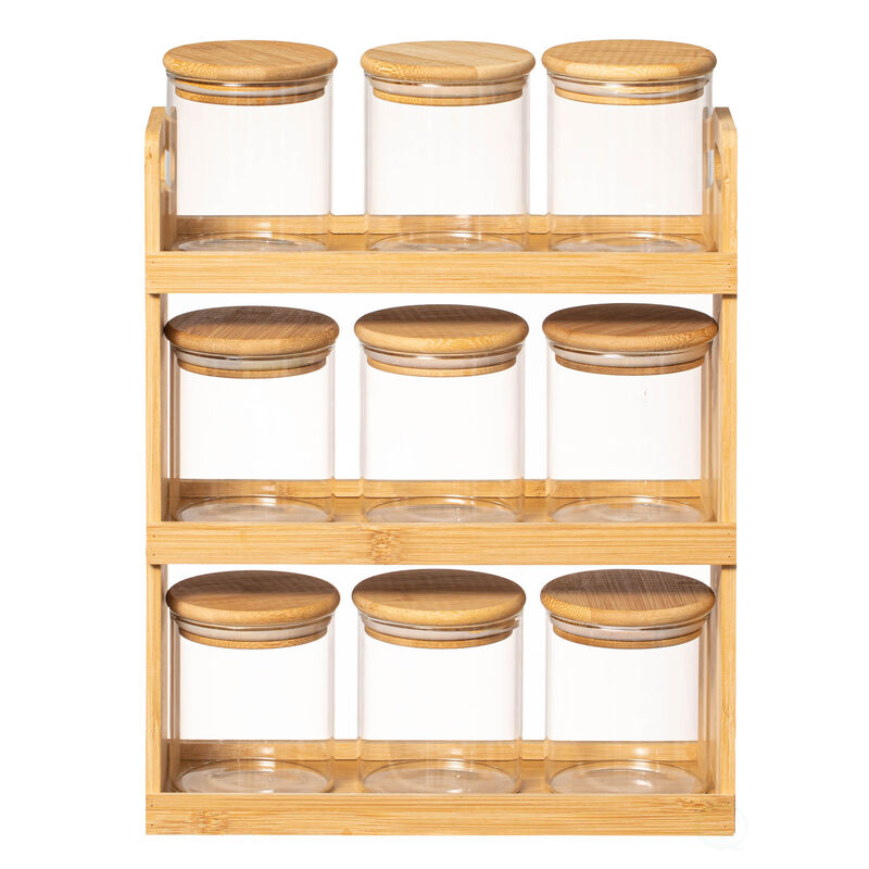 Basicwise Versatile 3-Tier Bamboo Spice Rack and Pantry Organizer with 9 Glass Jars – Perfect for Countertop Storage in Kitchens to Keep  Seasoning Containers Neatly Displayed and Easily Accessible