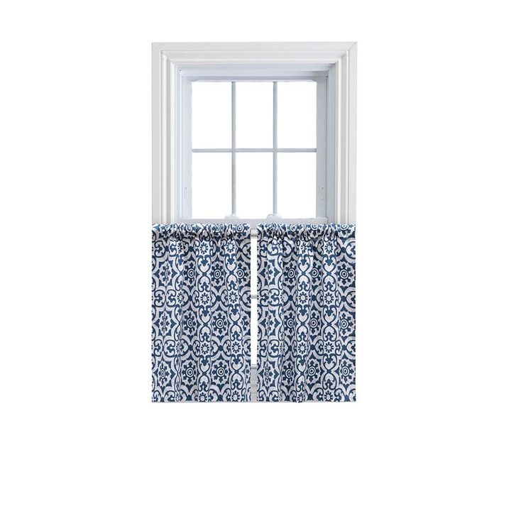 Ellis Athens Printed Tile Design on Navy Ground High Quality Tailored Tiers 1.5" Rod Pocket 50"x24" Navy