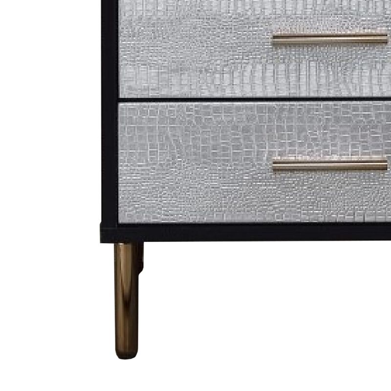 San 19 Inch Glamorous Style Nightstand, 3 Drawers, Black, Silver, Gold-Benzara