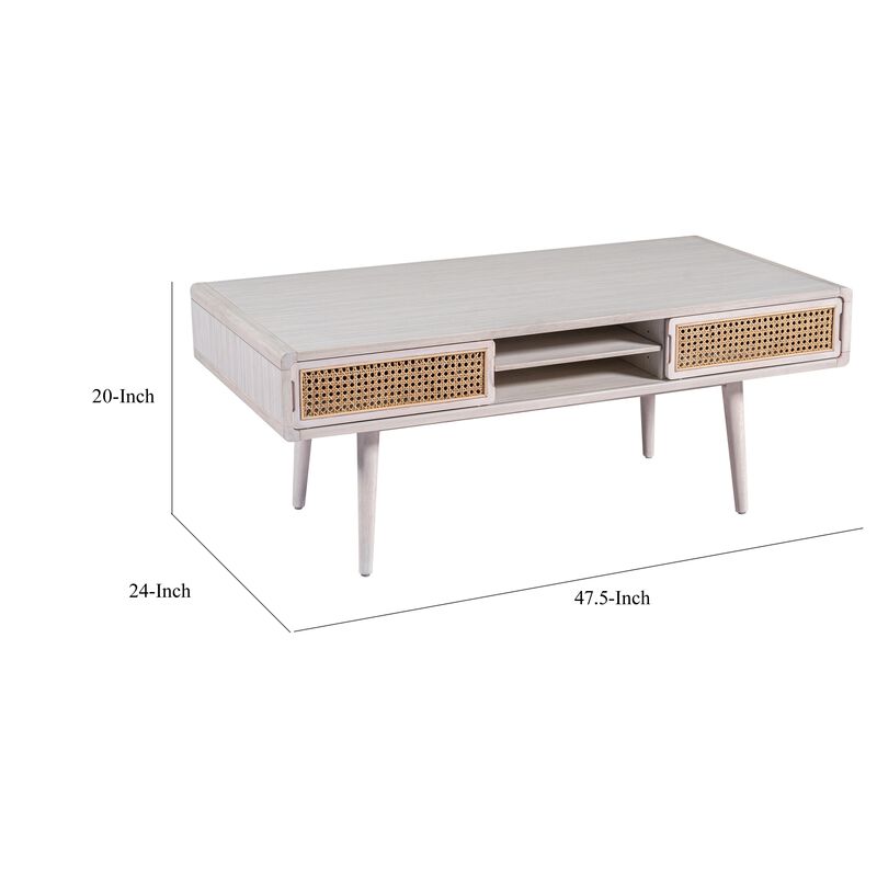 Camy Coffee Table, Brown Cane Woven Doors, Open Shelf, White 48 Inch - Benzara