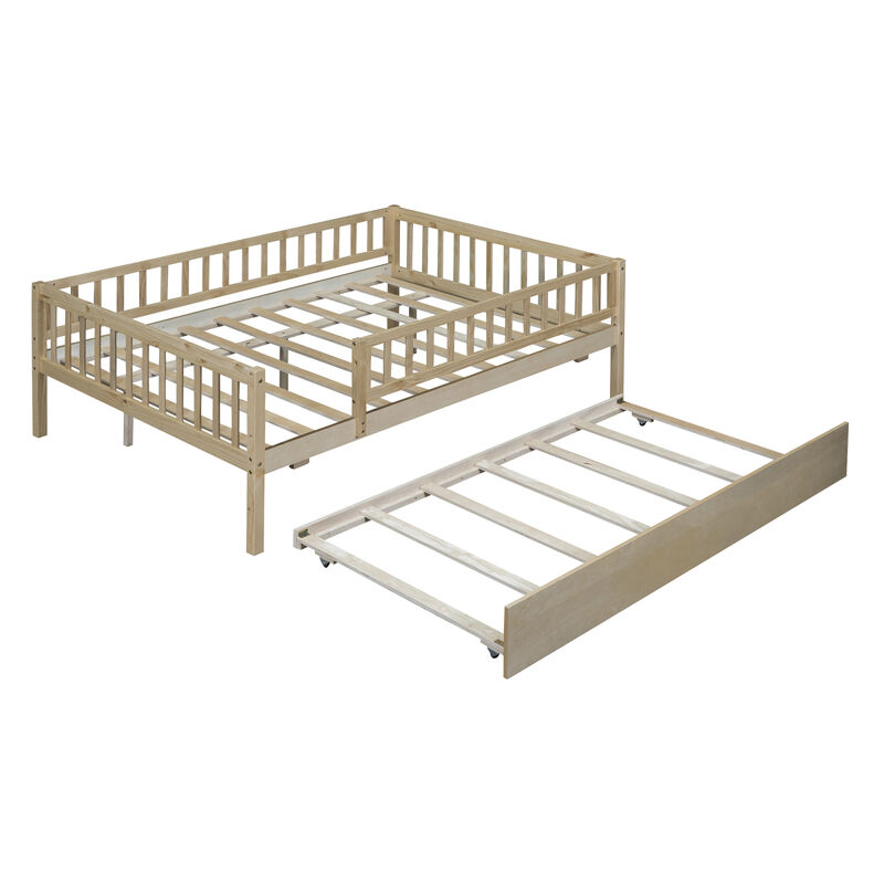 Full Size Wood Daybed With Trundle And Fence Guardrails