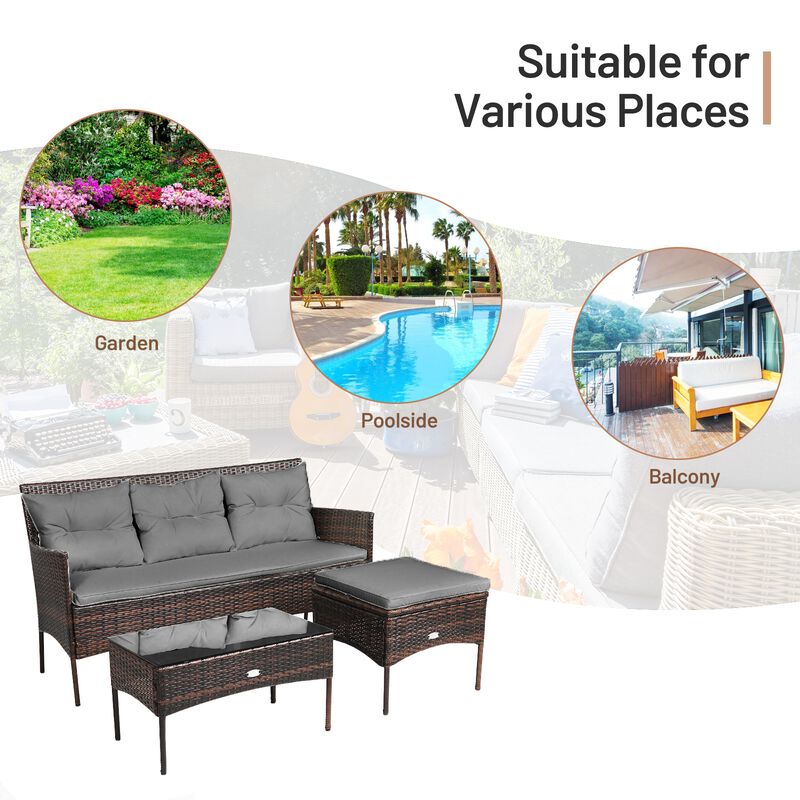 3 Pieces Patio Furniture Sectional Set with 5 Cozy Cushions
