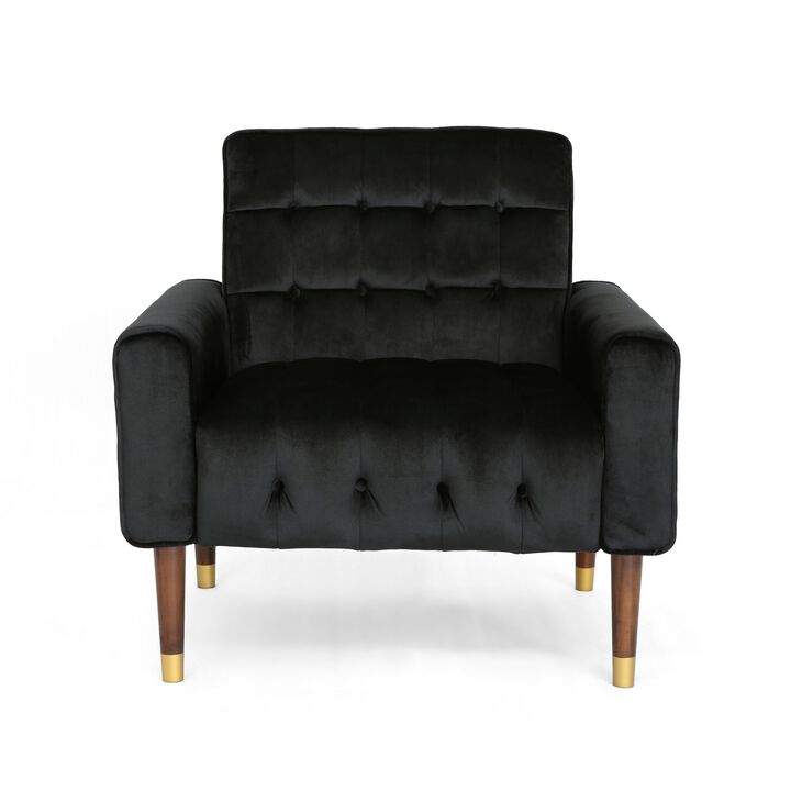 Covia Accent Club Chair with Waffle Stitch Black Velvet, Gold Tip Legs