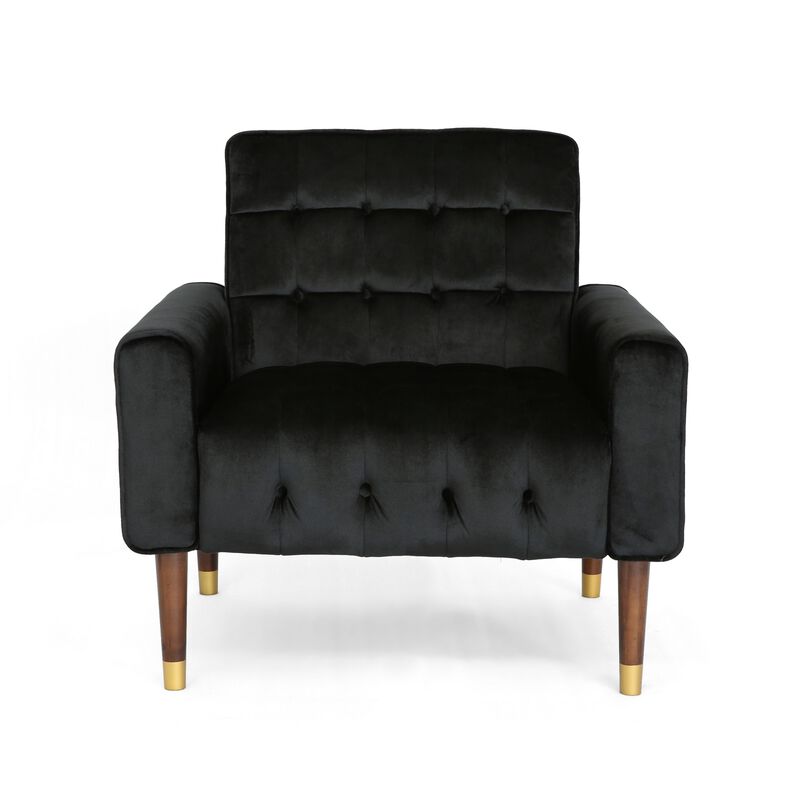 Covia Accent Club Chair with Waffle Stitch Black Velvet, Gold Tip Legs