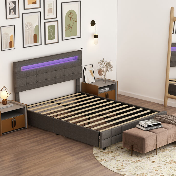 FUFU&GAGA Grey Upholstered Full-Size Bed Frame with Storage Drawers (65.4" W x 82.7" L x 42.1" H),Grey