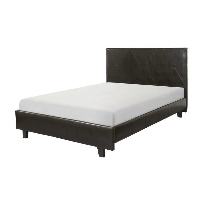Leo Queen Size Platform Bed, Diamond Stitch Brown Faux Leather, Solid Wood - Benzara