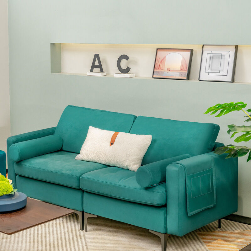 Modern Loveseat Sofa with 2 Bolsters and Side Storage Pocket