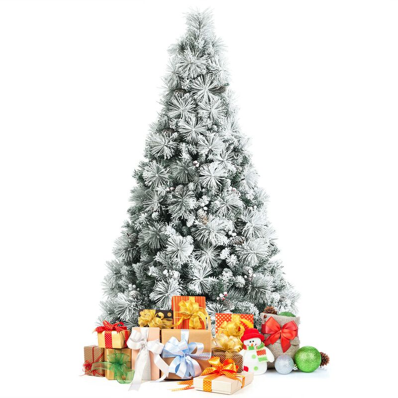Snow Flocked Christmas Tree with Pine Cone and Red Berries