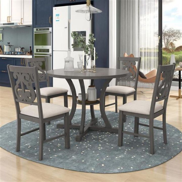 5-Piece Round Dining Table Set Special-Shaped Legs and Hollow Back Chairs for an Elegant Dining Room
