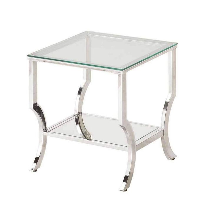 Glass Top End Table with Mirrored Bottom Shelf, Clear and Silver-Benzara